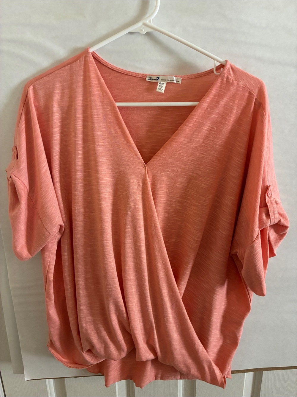 Seven7 Cross Over Soft Slub Jersey Top Surplice Shirt Pink Peach XL